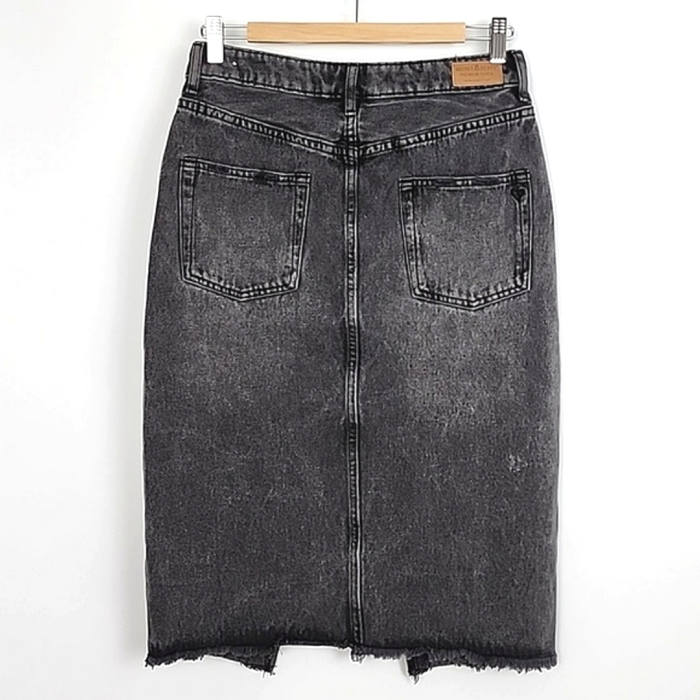 Velvet Heart Women's Effie Denim Midi Skirt Stretch Front Split Frayed Hem Sz 26 - Picture 2 of 16